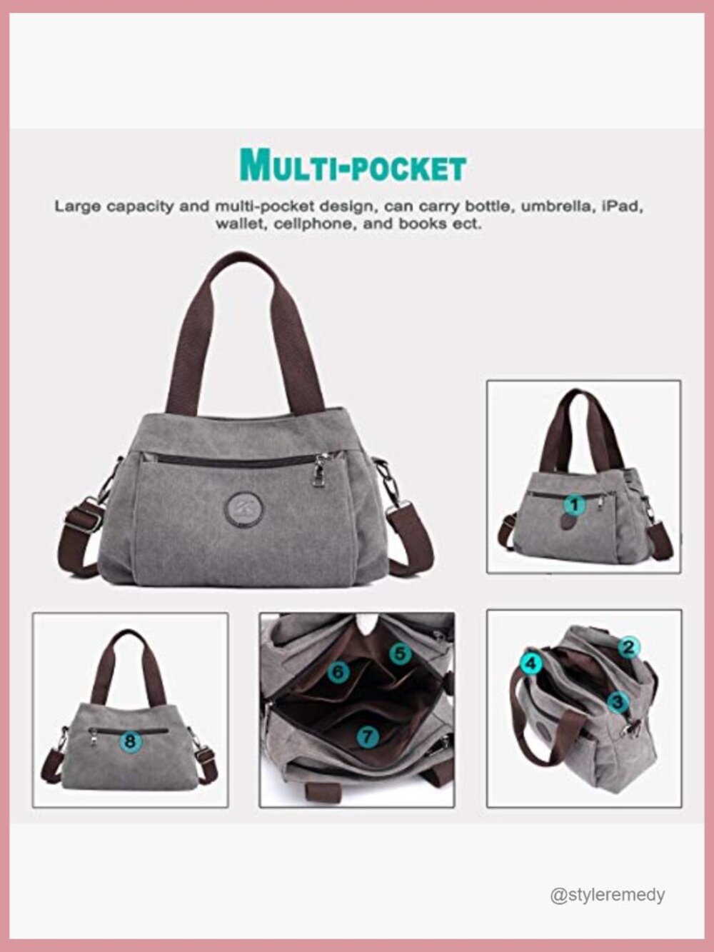 Canvas Hobo Bag Multi Compartment Crossbody Shoulder Tote Purse - Picture 5 of 7
